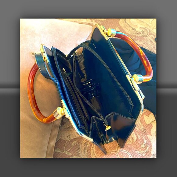 Black Leather Handbag with Amber Swirl Lucite Handles and Panel - Picture 5 of 7